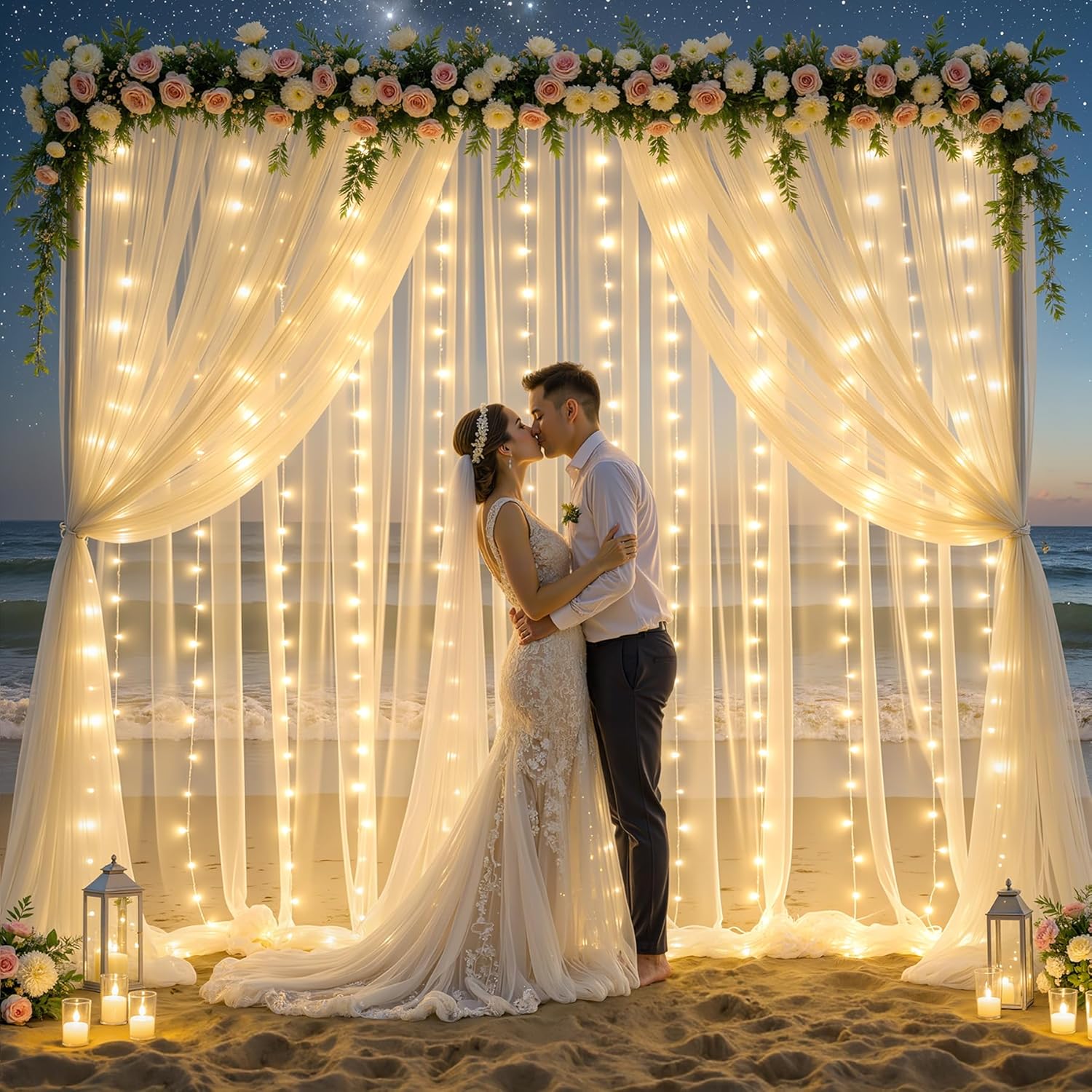 Ivory Tulle Backdrop Curtains with String Lights for Parties
