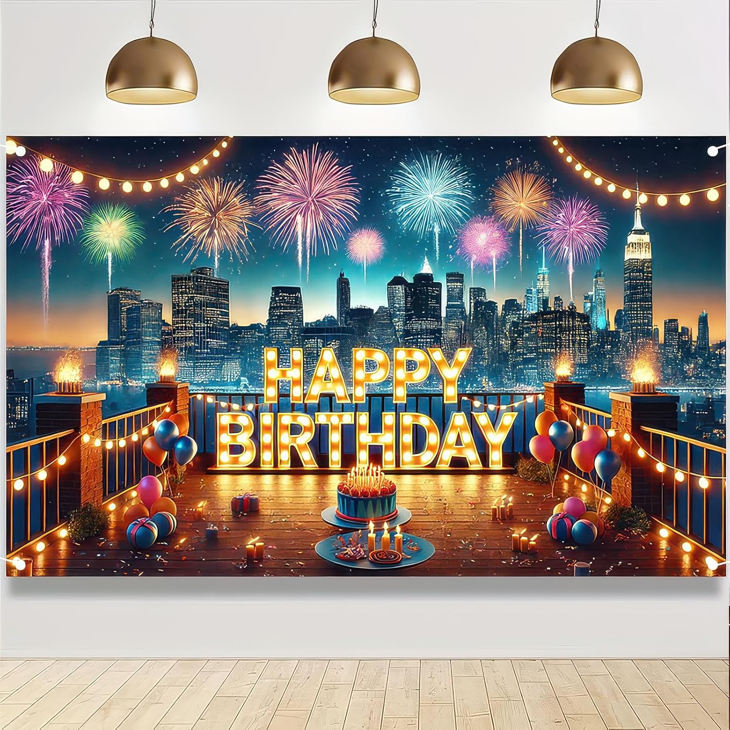 Happy Birthday City Skyline Fireworks Banner 71x43 Inch