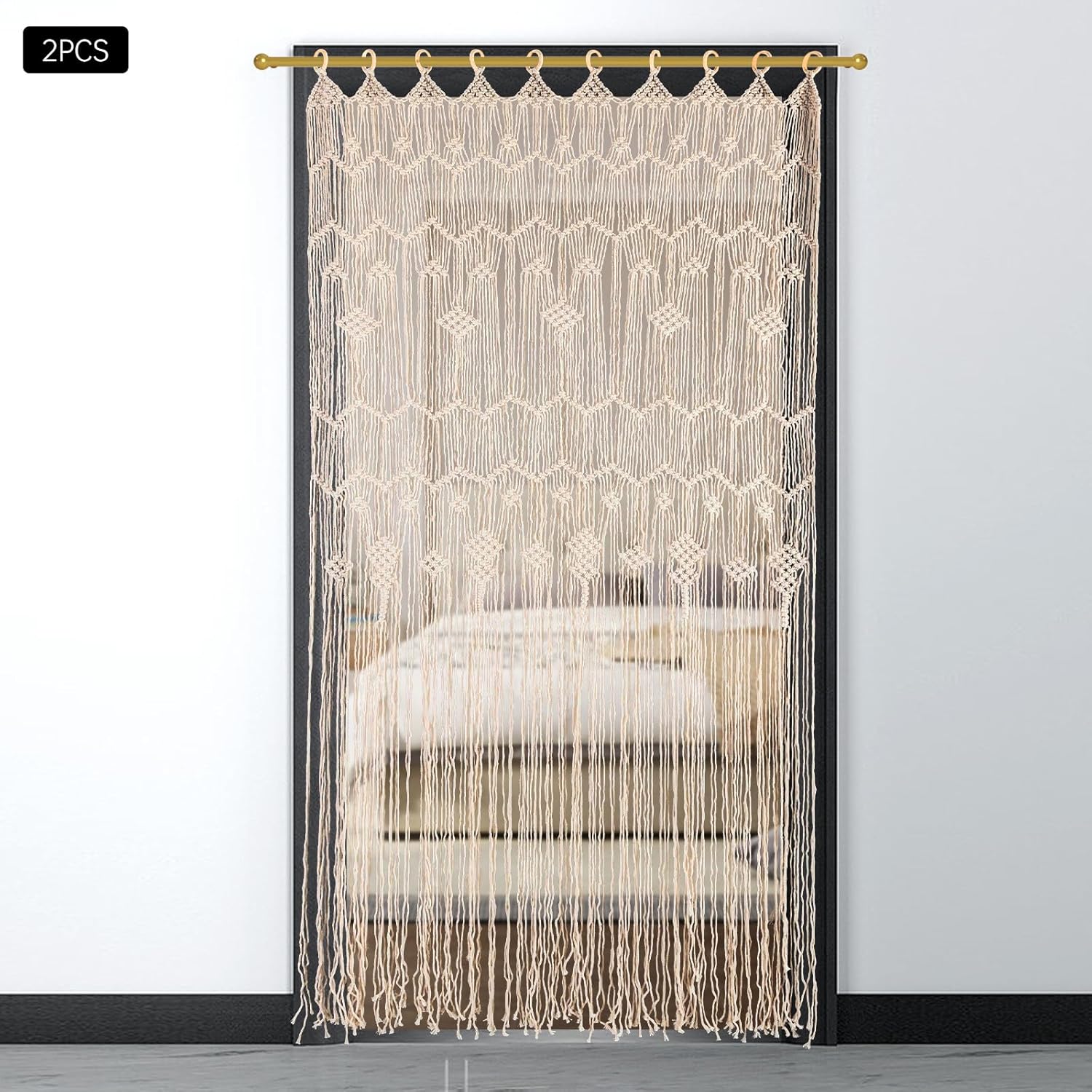 Macrame Door Curtains 2 Pcs Beige Tassel Boho Decor