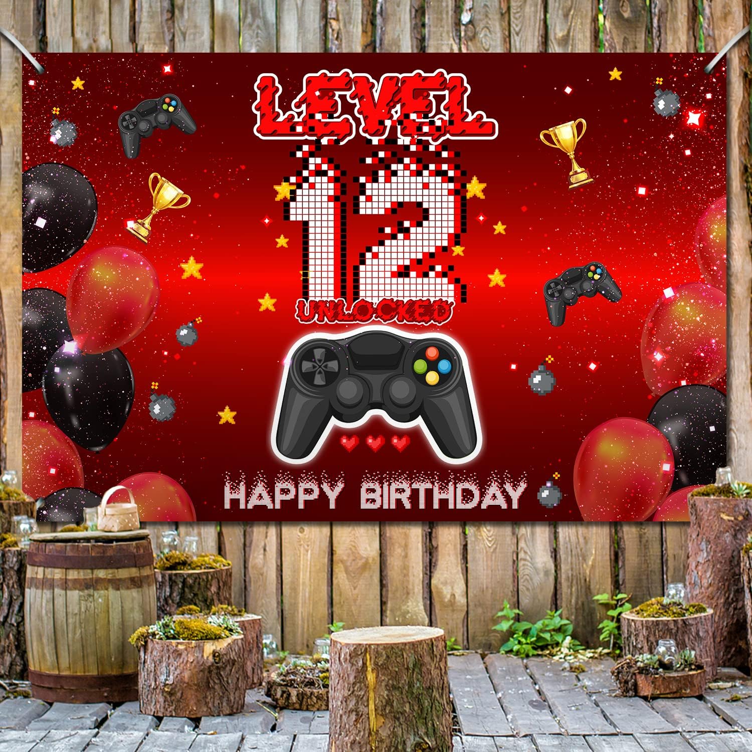 Level 12 Unlocked Birthday Backdrop Banner Red Black