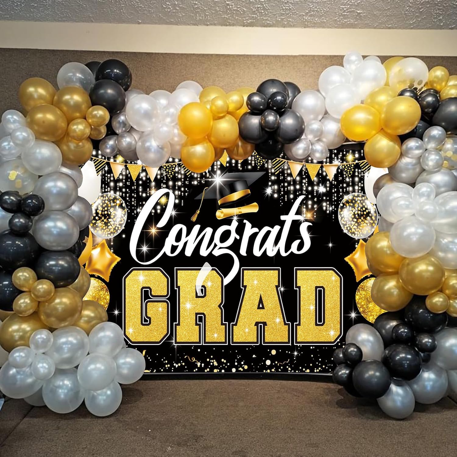 Premium Graduation Backdrop Banner 72x44in Black Gold