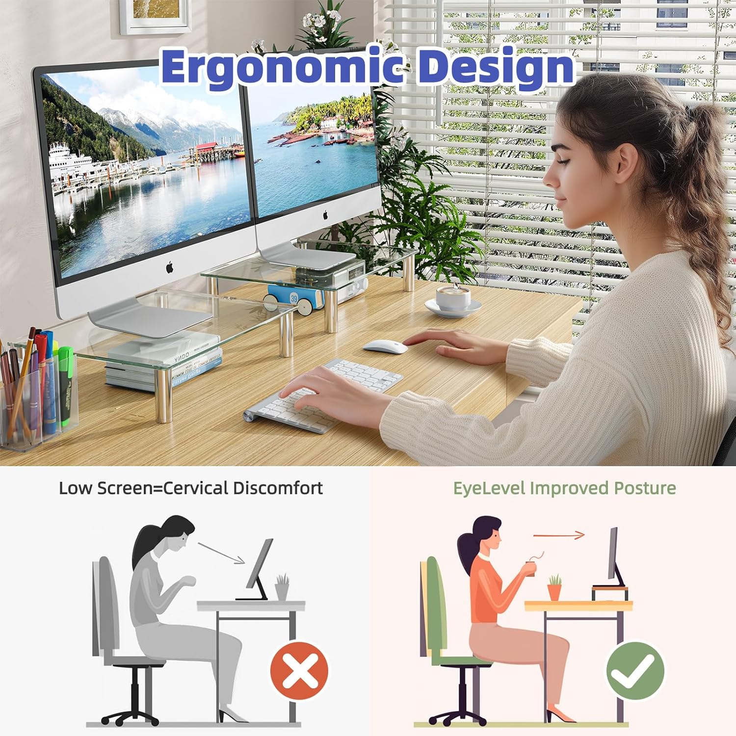 Simple Trending 2 Pack Monitor Stand with Height Adjust and Tempered Glass