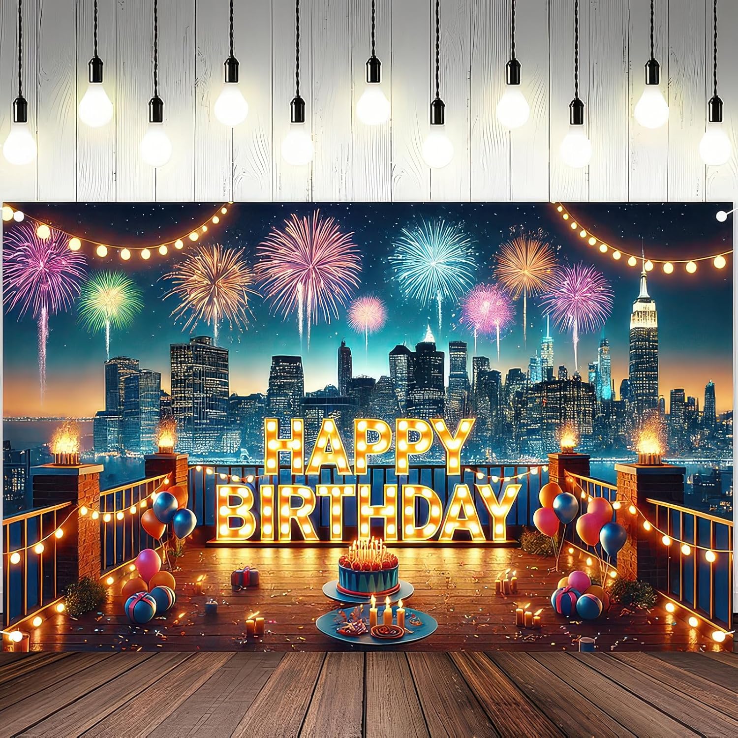 Happy Birthday City Skyline Fireworks Banner 71x43 Inch