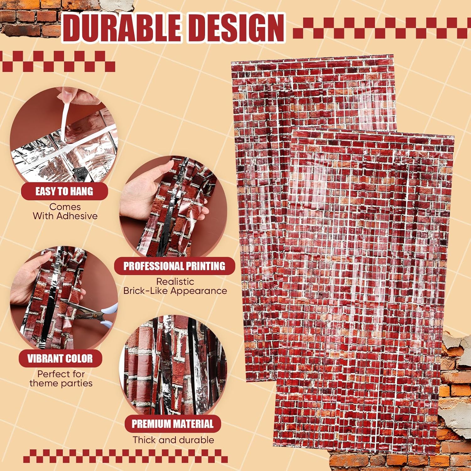 3 Pack Brick Wall Tinsel Foil Fringe Curtains for Party Backdrops