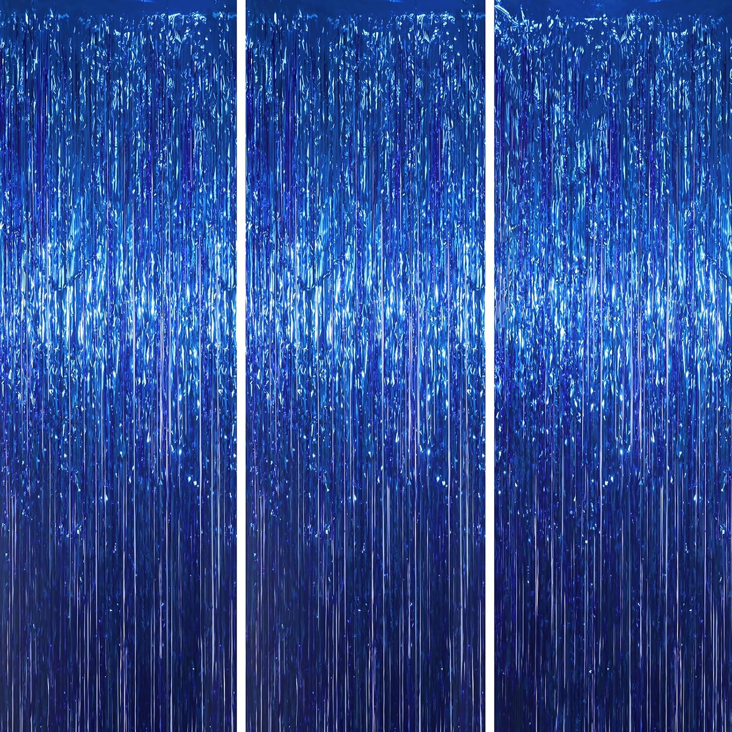 3 Pack Blue Foil Fringe Backdrop Curtains for Parties