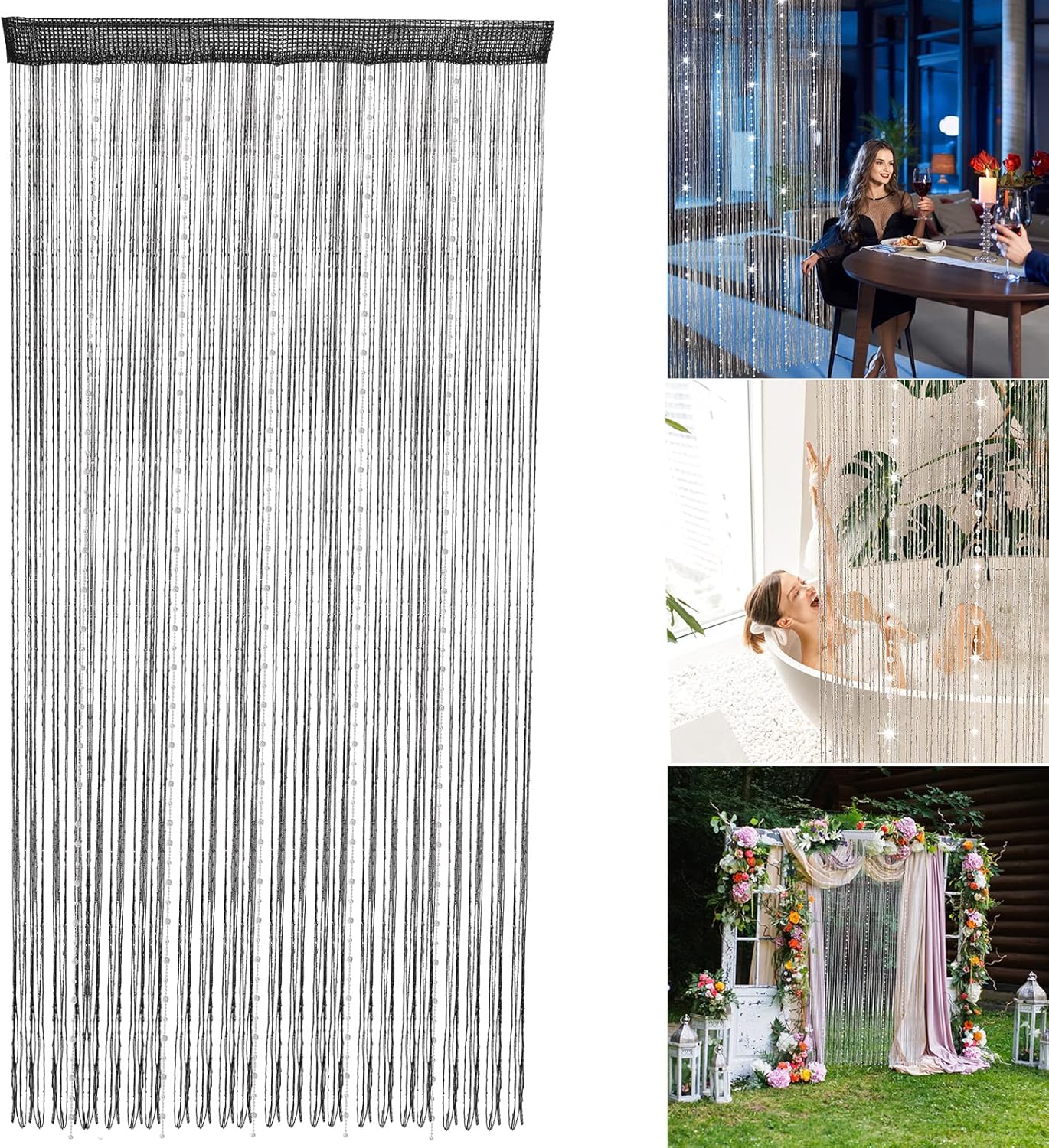 Black Beaded String Curtain for Door 36x77 Inch