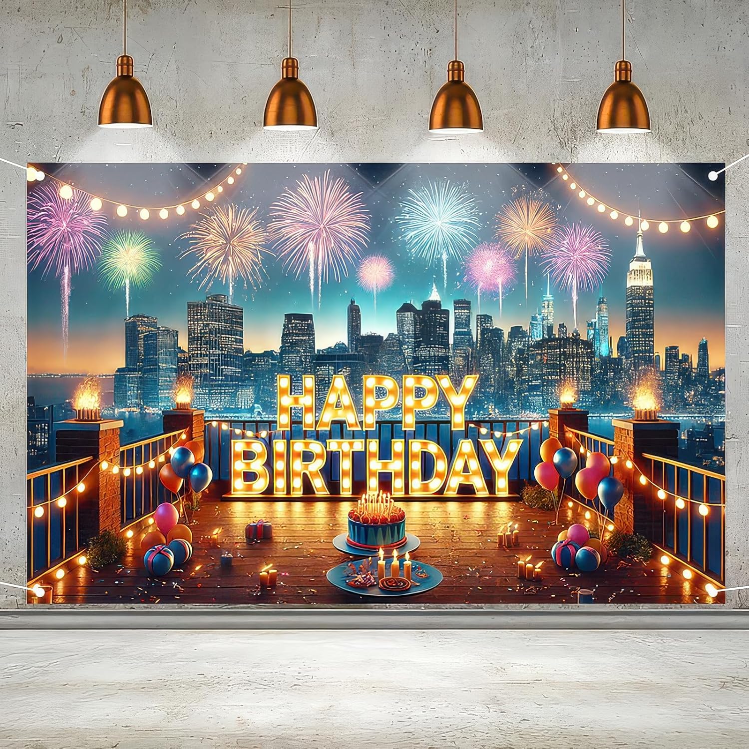 Happy Birthday City Skyline Fireworks Banner 71x43 Inch
