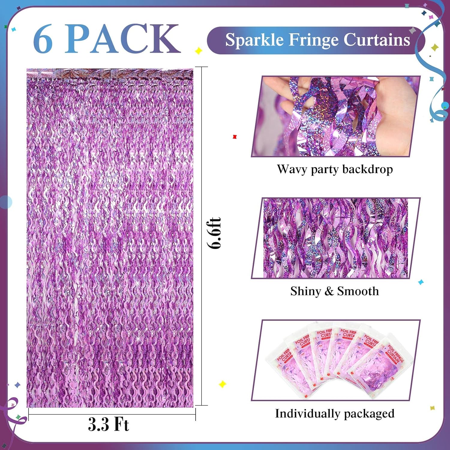Jutom 6 Piece Wavy Tinsel Curtain Purple